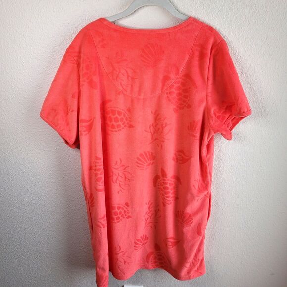 Womens ADONNA Terry cloth Zip Cover Up Robe L Coral Turtle Shells Print Pockets - Picture 2 of 13